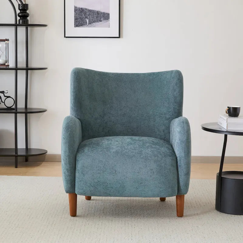 Fauteuil club à oreilles, mi-siècle, velours moelleux, pieds en bois massif et bouleau, 1 place, bleu/marron