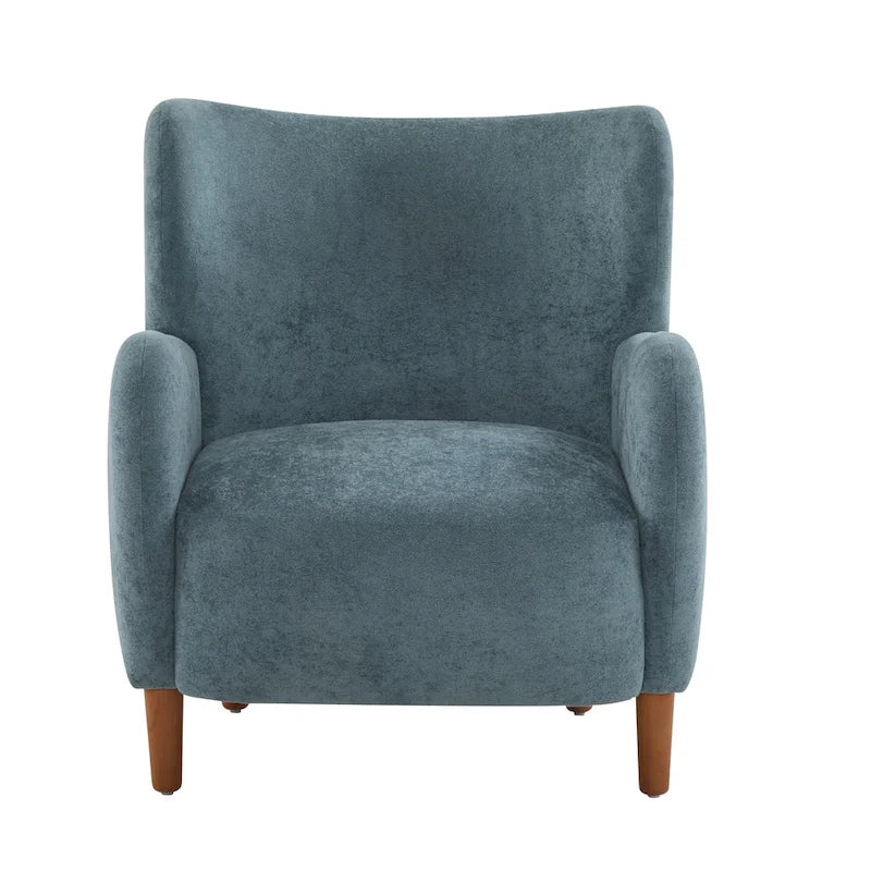 Fauteuil club à oreilles, mi-siècle, velours moelleux, pieds en bois massif et bouleau, 1 place, bleu/marron