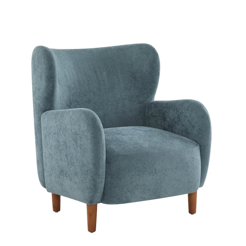 Fauteuil club à oreilles, mi-siècle, velours moelleux, pieds en bois massif et bouleau, 1 place, bleu/marron