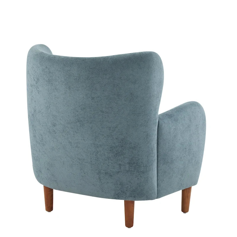Fauteuil club à oreilles, mi-siècle, velours moelleux, pieds en bois massif et bouleau, 1 place, bleu/marron