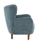 Fauteuil club à oreilles, mi-siècle, velours moelleux, pieds en bois massif et bouleau, 1 place, bleu/marron