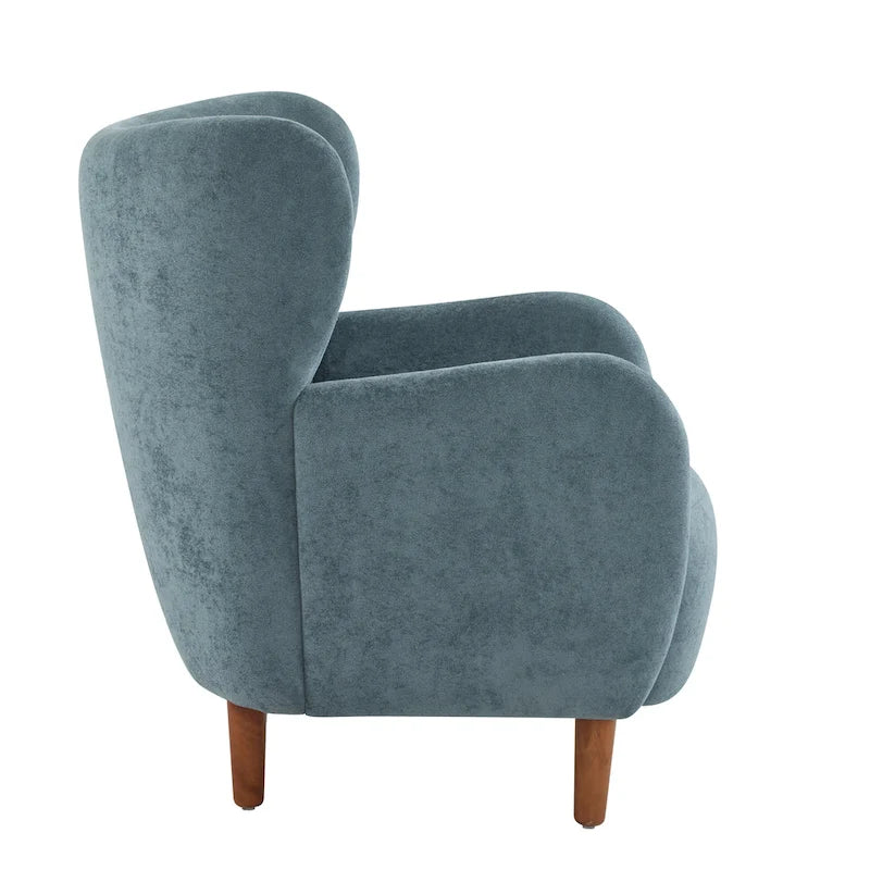 Fauteuil club à oreilles, mi-siècle, velours moelleux, pieds en bois massif et bouleau, 1 place, bleu/marron