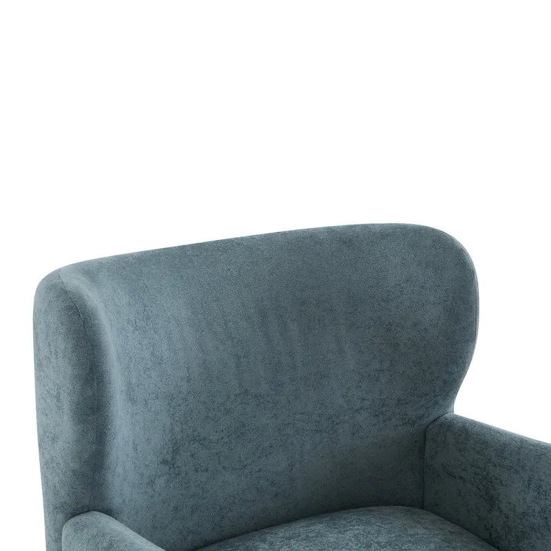 Fauteuil club à oreilles, mi-siècle, velours moelleux, pieds en bois massif et bouleau, 1 place, bleu/marron