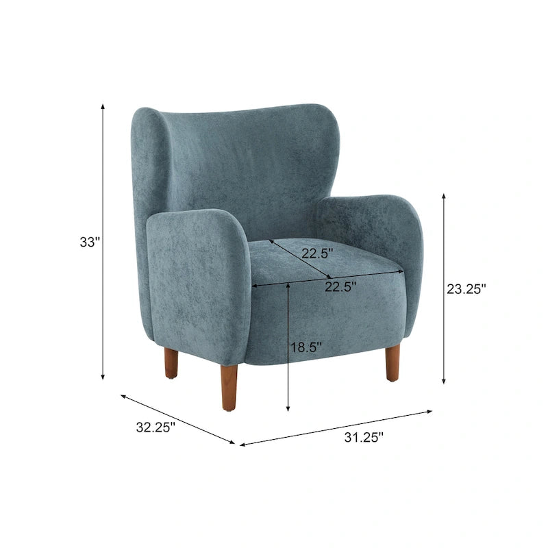 Fauteuil club à oreilles, mi-siècle, velours moelleux, pieds en bois massif et bouleau, 1 place, bleu/marron