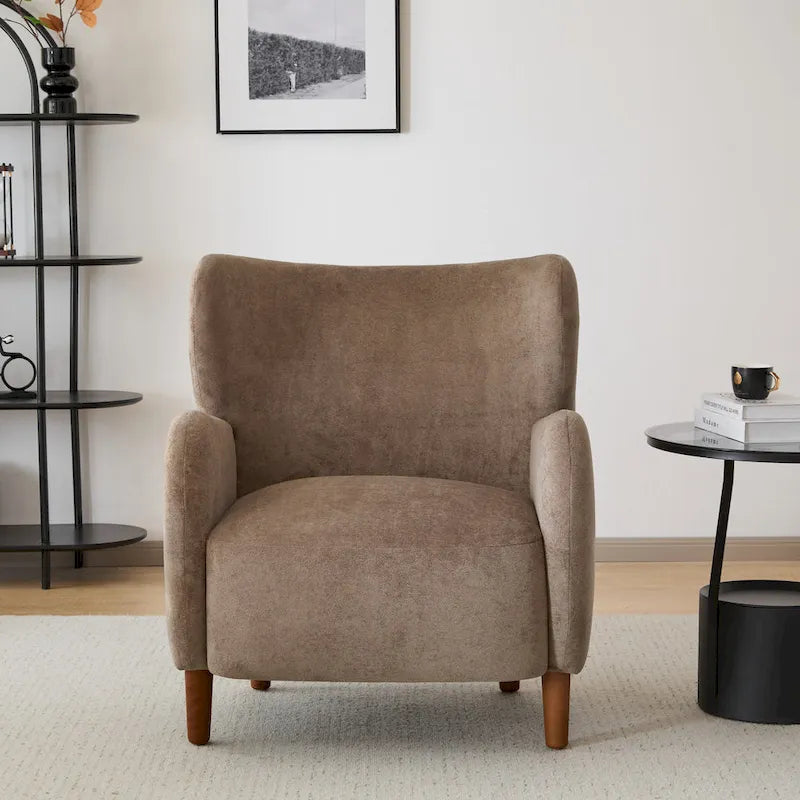 Fauteuil club à oreilles, mi-siècle, velours moelleux, pieds en bois massif et bouleau, 1 place, bleu/marron