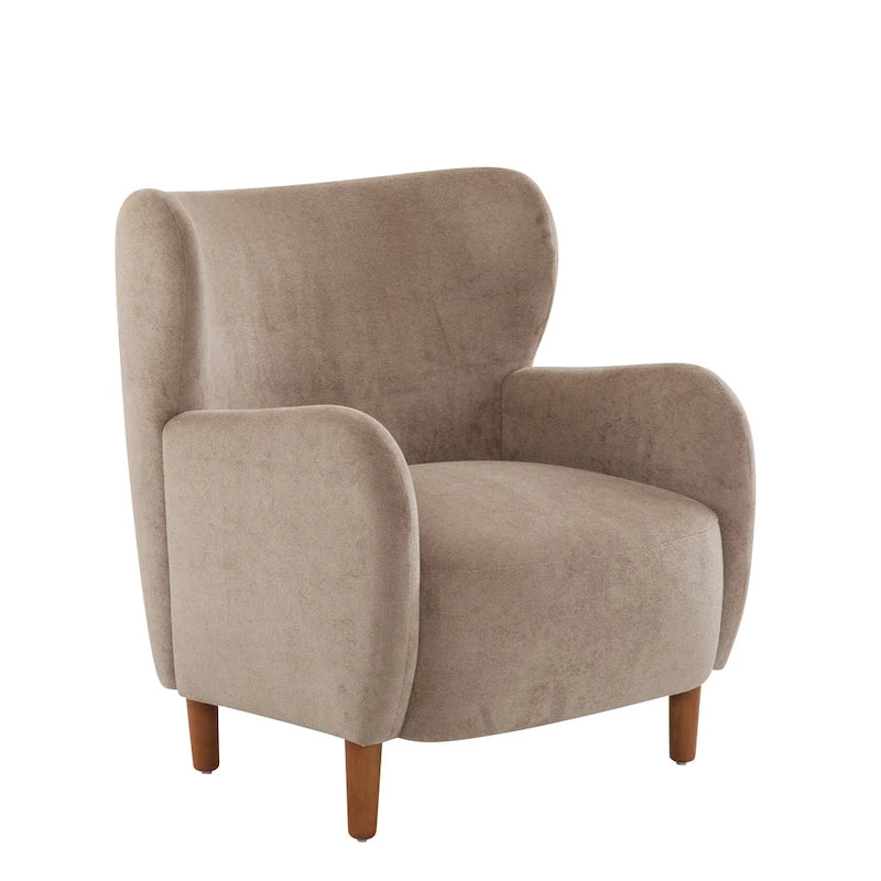 Fauteuil club à oreilles, mi-siècle, velours moelleux, pieds en bois massif et bouleau, 1 place, bleu/marron