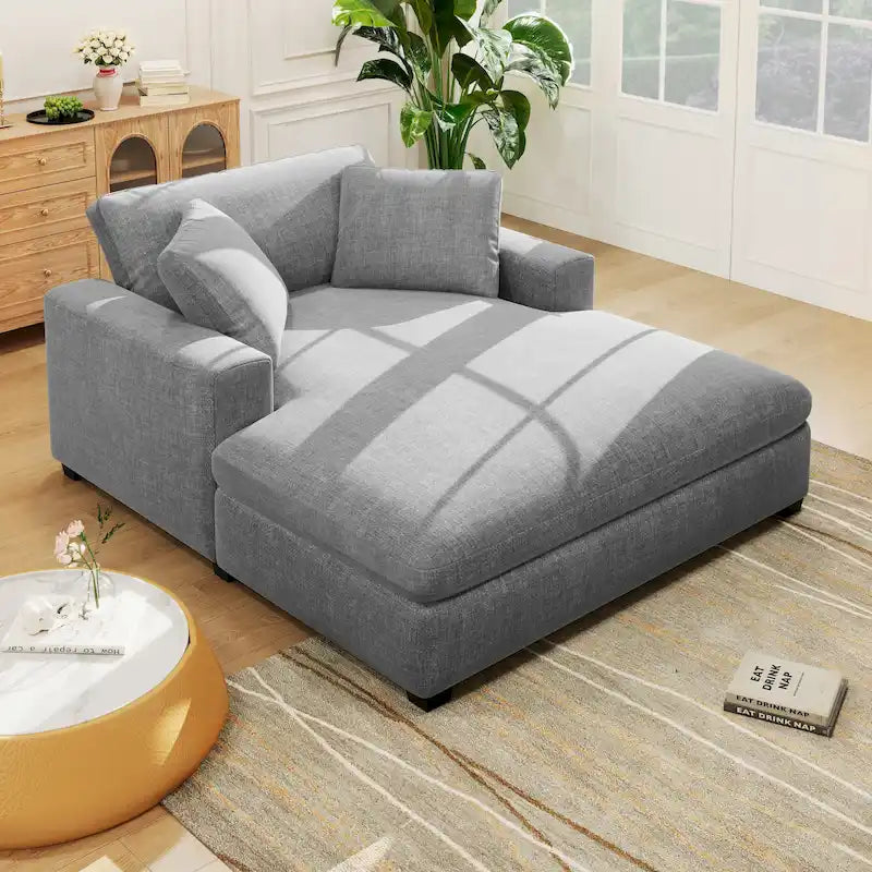 Canapé-méridienne surdimensionné, tissu et pieds en bois massif, 136 cm L x 180 cm P, 250 kg, jaune/gris/beige