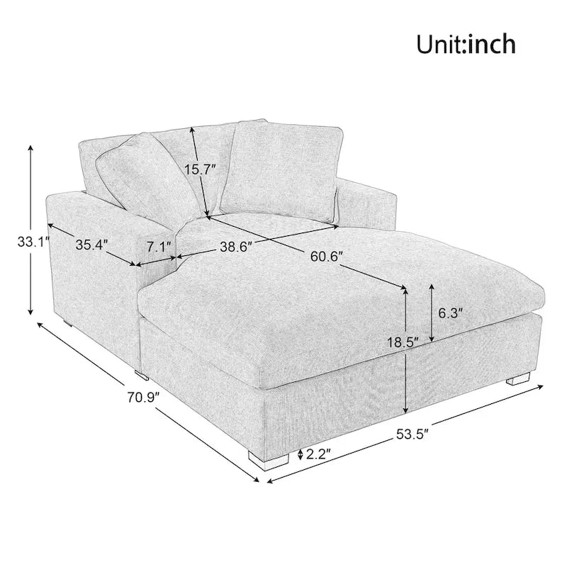 Canapé-méridienne surdimensionné, tissu et pieds en bois massif, 136 cm L x 180 cm P, 250 kg, jaune/gris/beige
