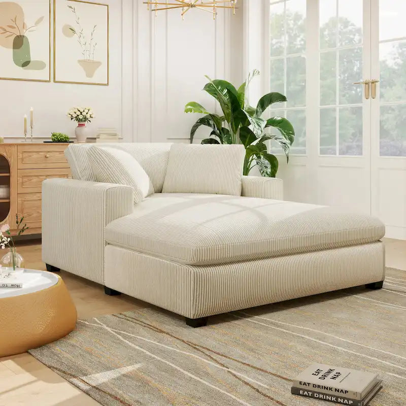 Canapé-méridienne surdimensionné, tissu et pieds en bois massif, 136 cm L x 180 cm P, 250 kg, jaune/gris/beige