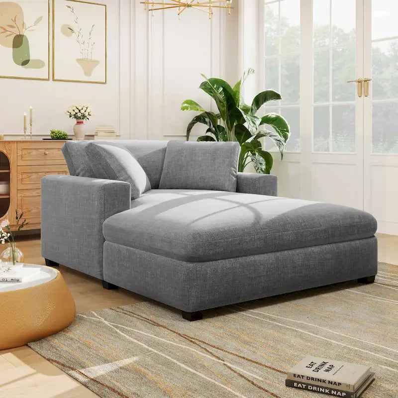 Canapé-méridienne surdimensionné, tissu et pieds en bois massif, 136 cm L x 180 cm P, 250 kg, jaune/gris/beige