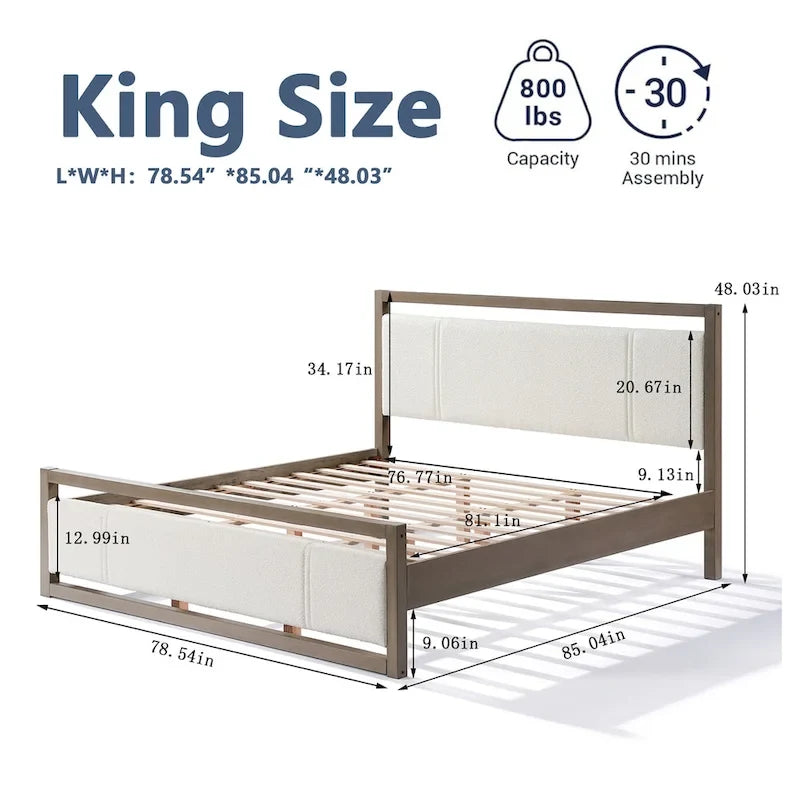 Lit plateforme King size, Ivoire/Gris, Tête de lit bouclée, Cadre en bois d'hévéa, 2 places