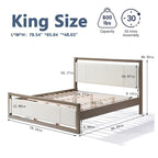 Lit plateforme King size, Ivoire/Gris, Tête de lit bouclée, Cadre en bois d'hévéa, 2 places