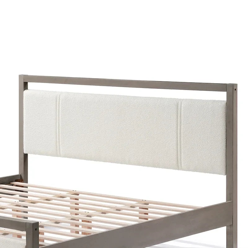 Lit plateforme King size, Ivoire/Gris, Tête de lit bouclée, Cadre en bois d'hévéa, 2 places