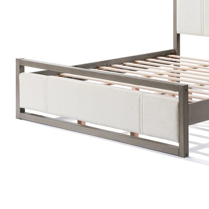 Lit plateforme King size, Ivoire/Gris, Tête de lit bouclée, Cadre en bois d'hévéa, 2 places