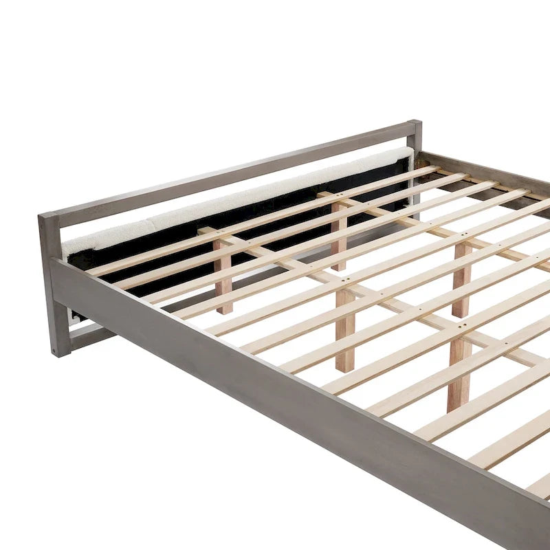 Lit plateforme King size, Ivoire/Gris, Tête de lit bouclée, Cadre en bois d'hévéa, 2 places