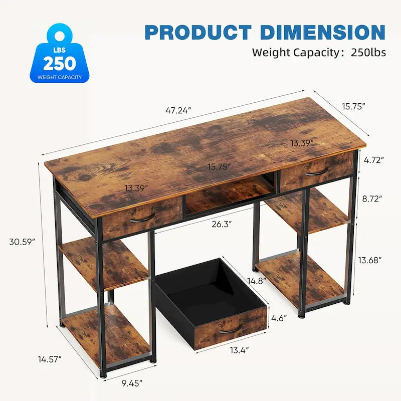 Bureau informatique moderne avec étagère de rangement intégrée et 2 tiroirs pour le bureau à domicile ou la salle d'étude