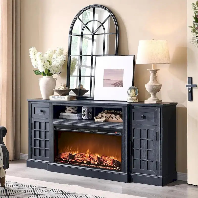 Meuble TV de ferme électrique noir/marron/blanc, compatible avec les téléviseurs de 80", 177,8 cm (L) x 80 cm (H), 5000 BTU