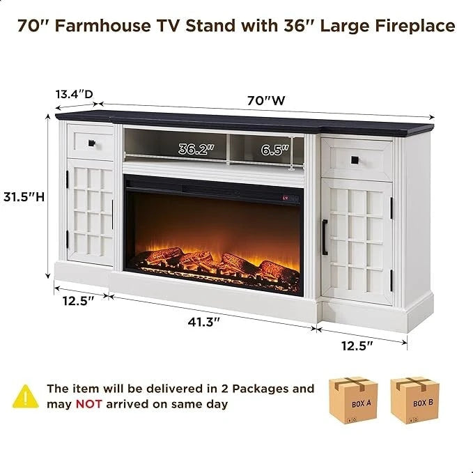 Meuble TV de ferme électrique noir/marron/blanc, compatible avec les téléviseurs de 80", 177,8 cm (L) x 80 cm (H), 5000 BTU