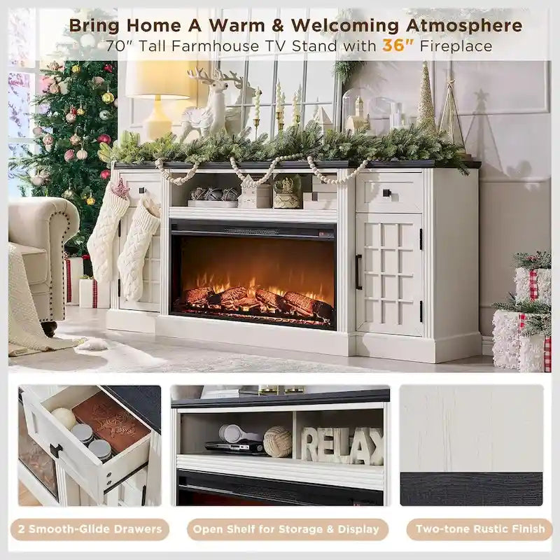 Meuble TV de ferme électrique noir/marron/blanc, compatible avec les téléviseurs de 80", 177,8 cm (L) x 80 cm (H), 5000 BTU