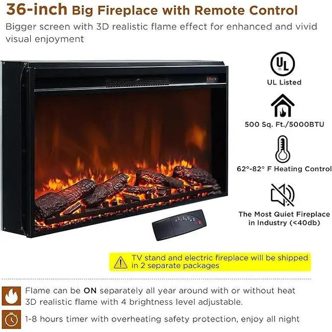 Meuble TV de ferme électrique noir/marron/blanc, compatible avec les téléviseurs de 80", 177,8 cm (L) x 80 cm (H), 5000 BTU