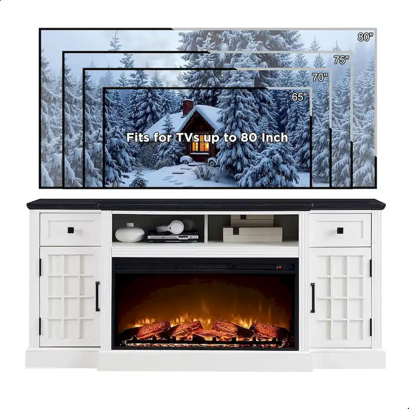 Meuble TV de ferme électrique noir/marron/blanc, compatible avec les téléviseurs de 80", 177,8 cm (L) x 80 cm (H), 5000 BTU