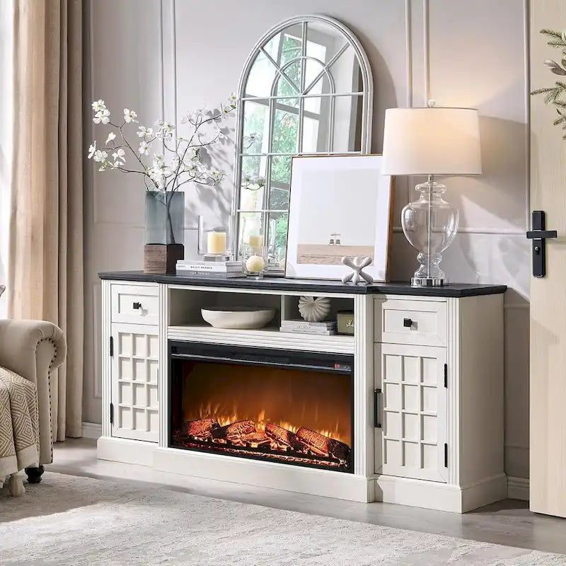 Meuble TV de ferme électrique noir/marron/blanc, compatible avec les téléviseurs de 80", 177,8 cm (L) x 80 cm (H), 5000 BTU