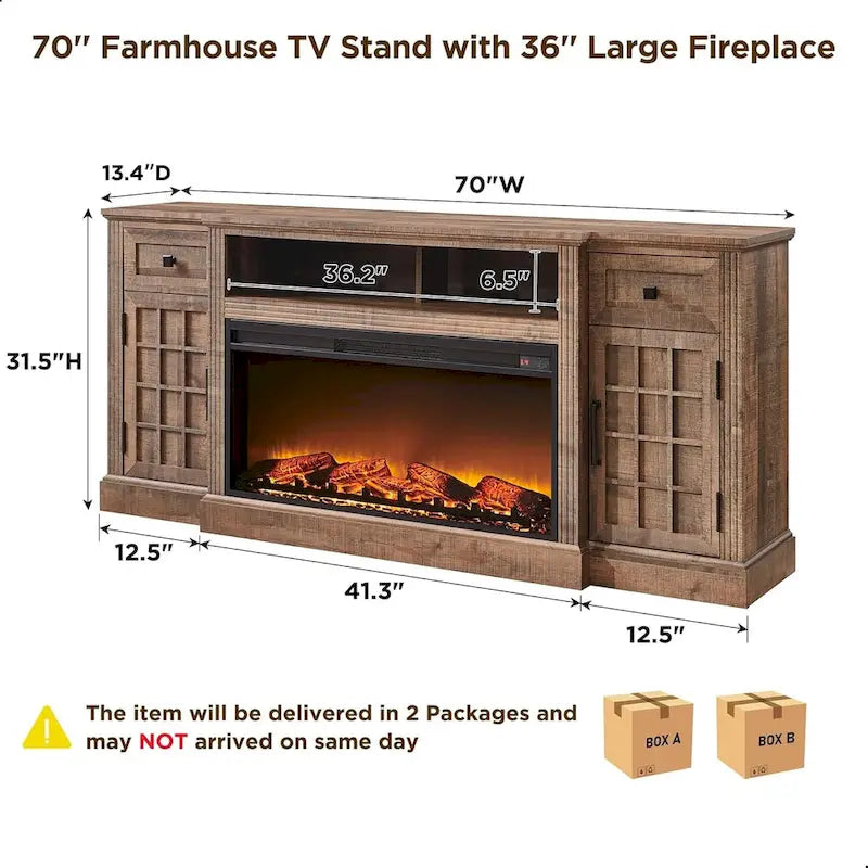 Meuble TV de ferme électrique noir/marron/blanc, compatible avec les téléviseurs de 80", 177,8 cm (L) x 80 cm (H), 5000 BTU