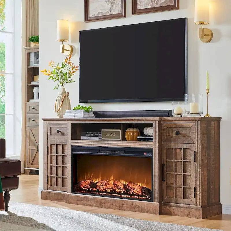 Meuble TV de ferme électrique noir/marron/blanc, compatible avec les téléviseurs de 80", 177,8 cm (L) x 80 cm (H), 5000 BTU
