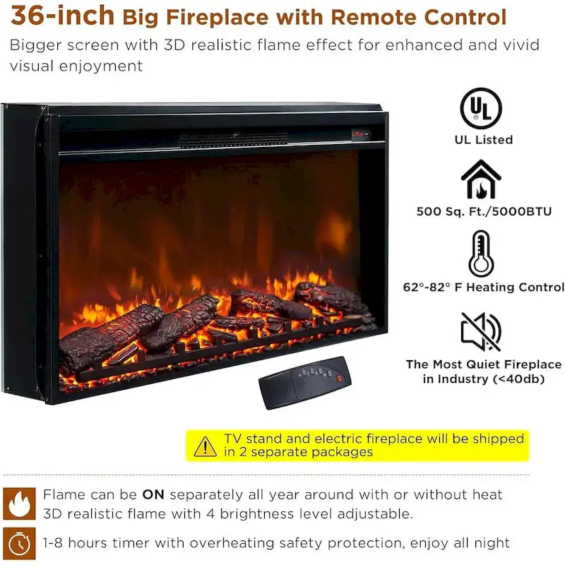 Meuble TV de ferme électrique noir/marron/blanc, compatible avec les téléviseurs de 80", 177,8 cm (L) x 80 cm (H), 5000 BTU