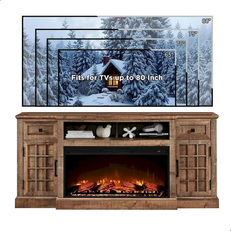 Meuble TV de ferme électrique noir/marron/blanc, compatible avec les téléviseurs de 80", 177,8 cm (L) x 80 cm (H), 5000 BTU