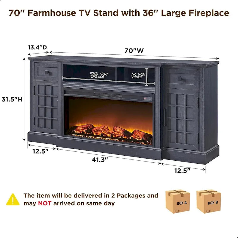 Meuble TV de ferme électrique noir/marron/blanc, compatible avec les téléviseurs de 80", 177,8 cm (L) x 80 cm (H), 5000 BTU