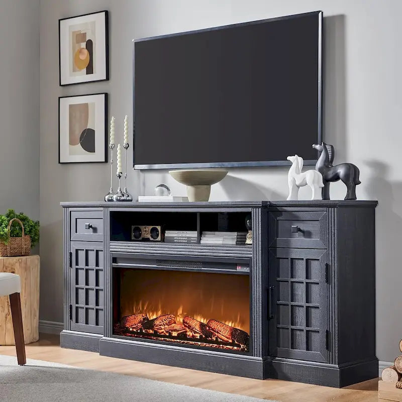 Meuble TV de ferme électrique noir/marron/blanc, compatible avec les téléviseurs de 80", 177,8 cm (L) x 80 cm (H), 5000 BTU