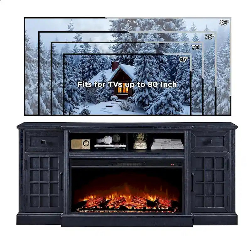 Meuble TV de ferme électrique noir/marron/blanc, compatible avec les téléviseurs de 80", 177,8 cm (L) x 80 cm (H), 5000 BTU