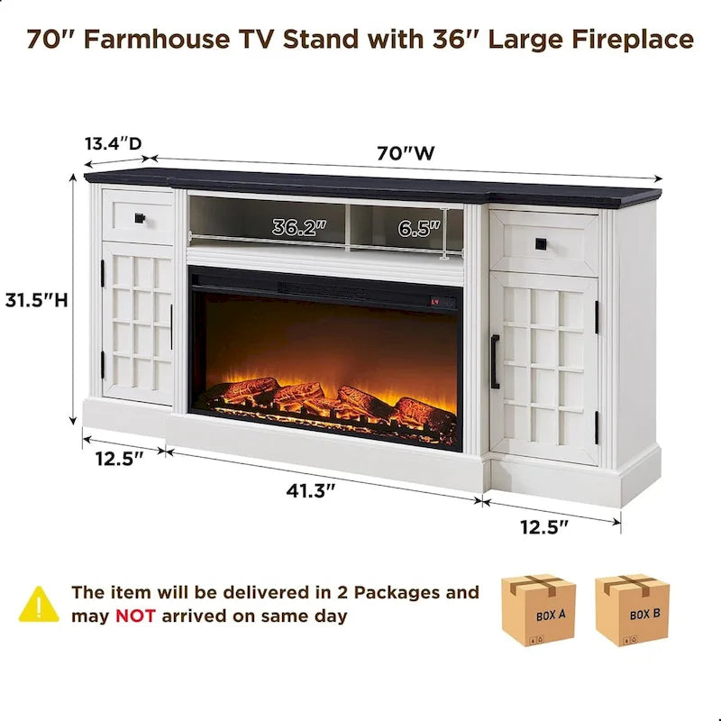 Meuble TV de ferme électrique noir/marron/blanc, compatible avec les téléviseurs de 80", 177,8 cm (L) x 80 cm (H), 5000 BTU