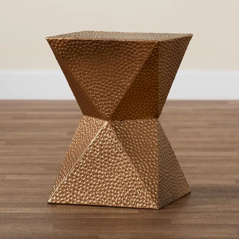 Table d'appoint en métal, bronze, silhouette de sablier, texture martelée, intérieur/semi-extérieur, 1 personne