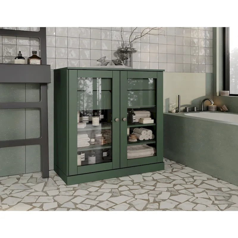 Meuble de salle de bain en bois massif 32", portes en verre transparent, 2 tiroirs, 12 couleurs