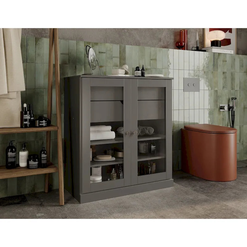 Meuble de salle de bain en bois massif 32", portes en verre transparent, 2 tiroirs, 12 couleurs