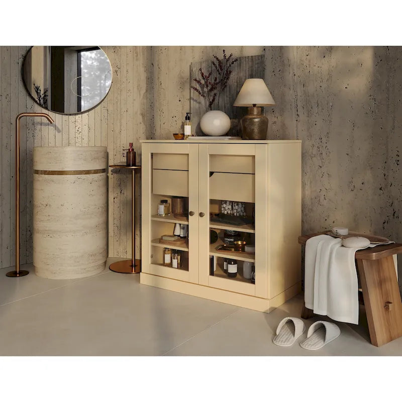 Meuble de salle de bain en bois massif 32", portes en verre transparent, 2 tiroirs, 12 couleurs