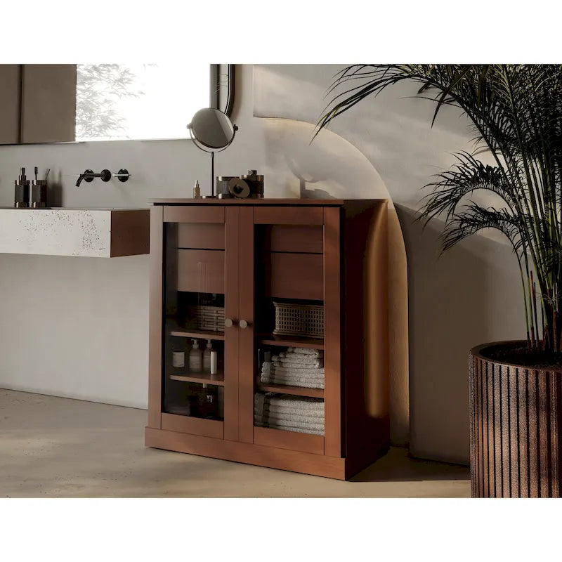Meuble de salle de bain en bois massif 32", portes en verre transparent, 2 tiroirs, 12 couleurs