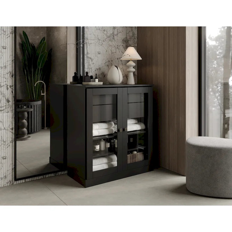 Meuble de salle de bain en bois massif 32", portes en verre transparent, 2 tiroirs, 12 couleurs
