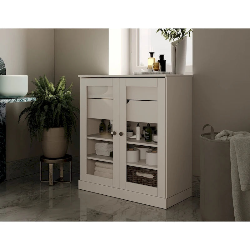 Meuble de salle de bain en bois massif 32", portes en verre transparent, 2 tiroirs, 12 couleurs