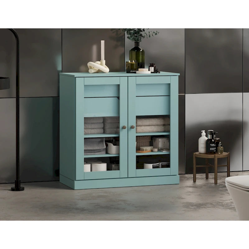 Meuble de salle de bain en bois massif 32", portes en verre transparent, 2 tiroirs, 12 couleurs