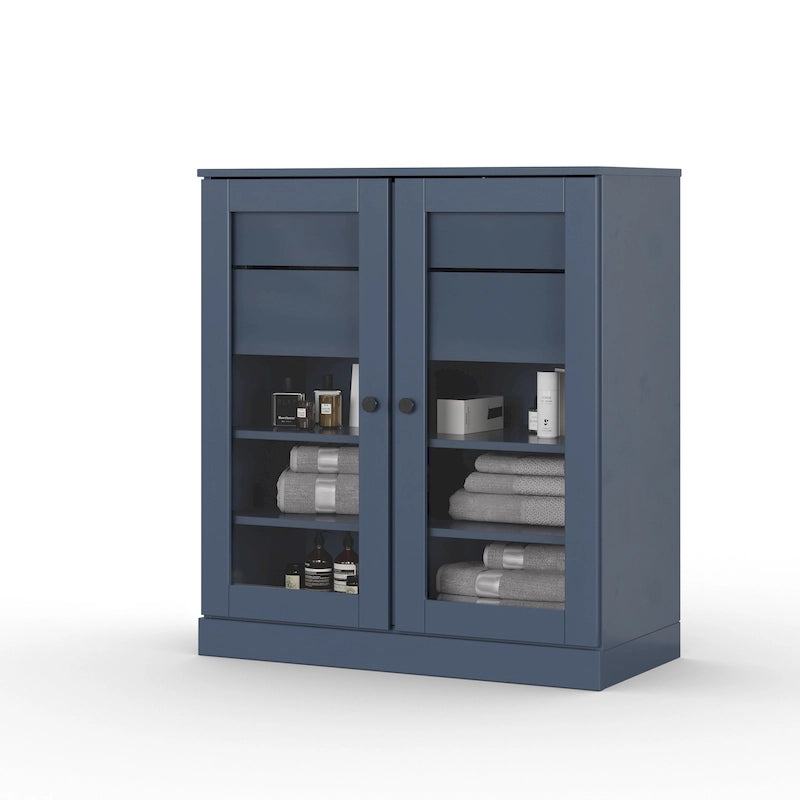 Meuble de salle de bain en bois massif 32", portes en verre transparent, 2 tiroirs, 12 couleurs