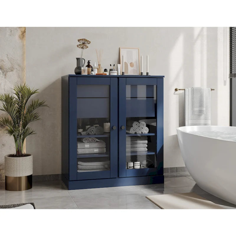 Meuble de salle de bain en bois massif 32", portes en verre transparent, 2 tiroirs, 12 couleurs