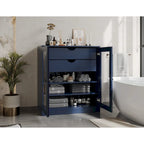 Meuble de salle de bain en bois massif 32", portes en verre transparent, 2 tiroirs, 12 couleurs