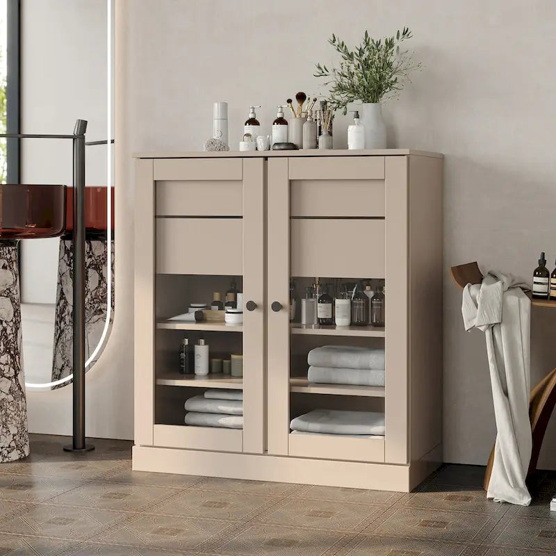 Meuble de salle de bain en bois massif 32", portes en verre transparent, 2 tiroirs, 12 couleurs