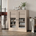 Meuble de salle de bain en bois massif 32", portes en verre transparent, 2 tiroirs, 12 couleurs