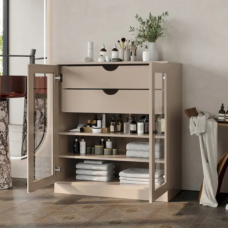 Meuble de salle de bain en bois massif 32", portes en verre transparent, 2 tiroirs, 12 couleurs