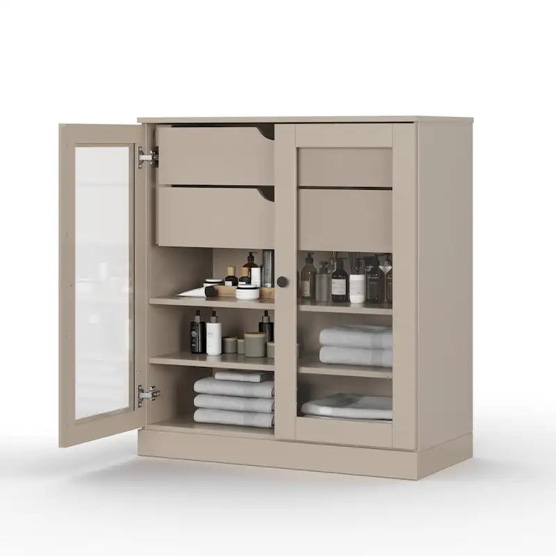 Meuble de salle de bain en bois massif 32", portes en verre transparent, 2 tiroirs, 12 couleurs