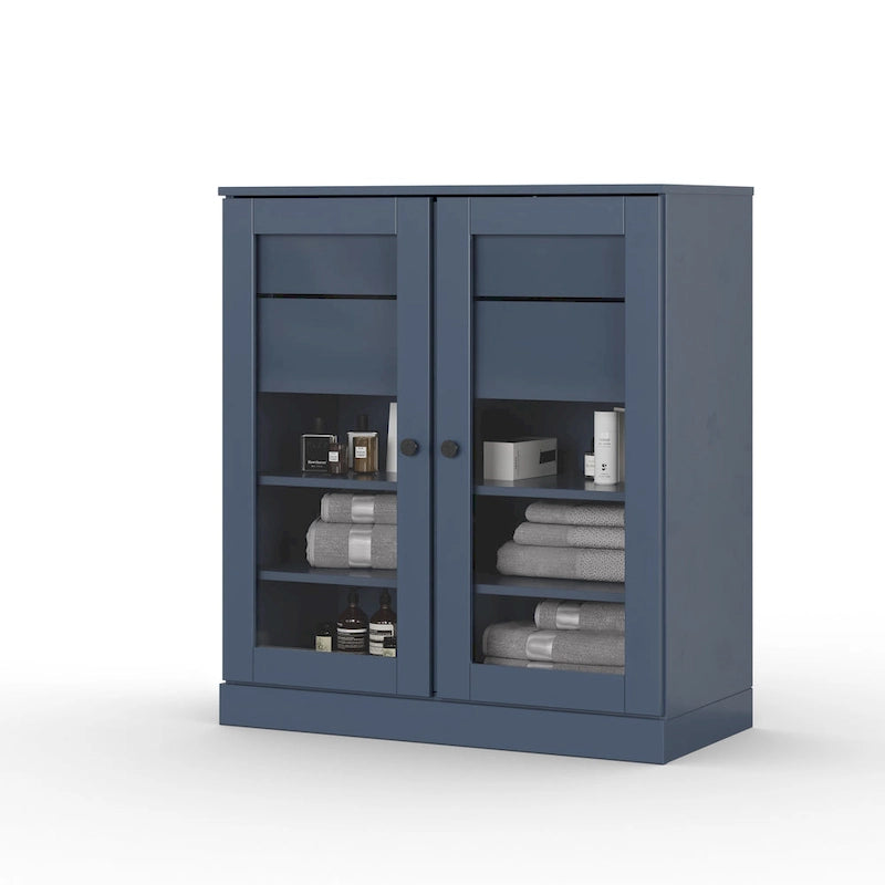 Meuble de salle de bain en bois massif 32", portes en verre transparent, 2 tiroirs, 12 couleurs